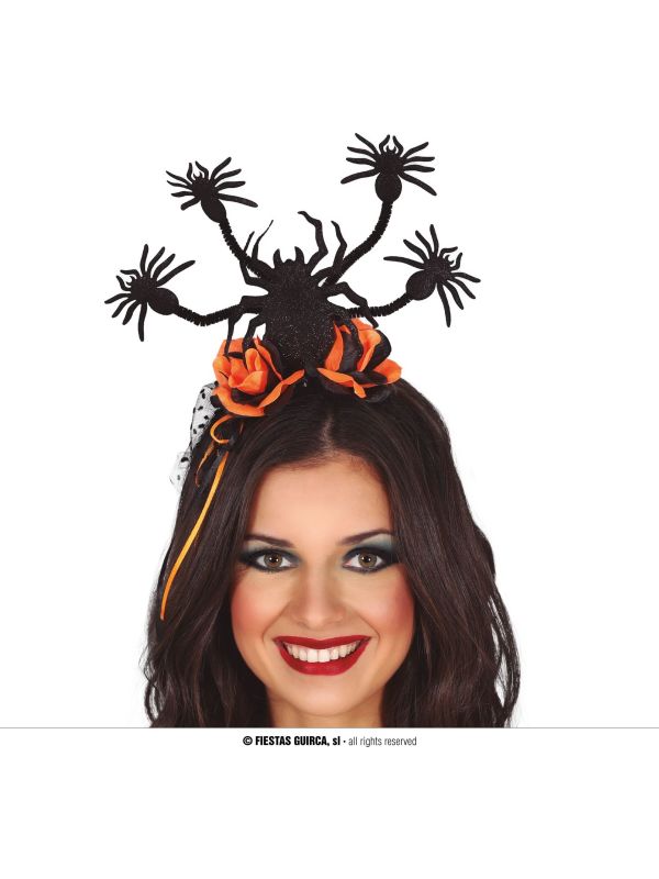 Zwarte spinnen met oranje bloemen haarband halloween main product photo
