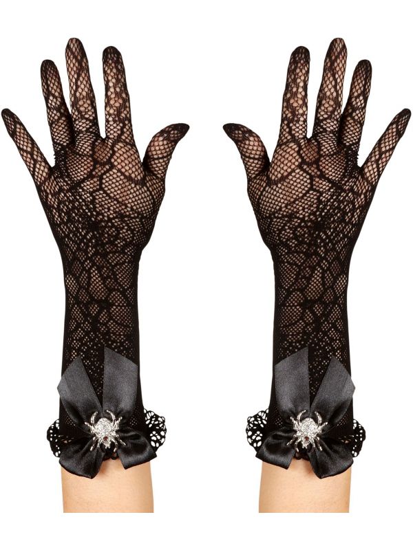 Zwarte spinnenweb handschoenen met strass