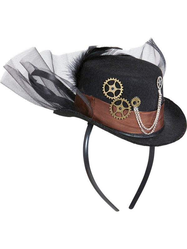 Zwarte steampunk haarband met mini hoed