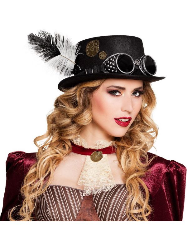 Zwarte steampunk hoge hoed met bril