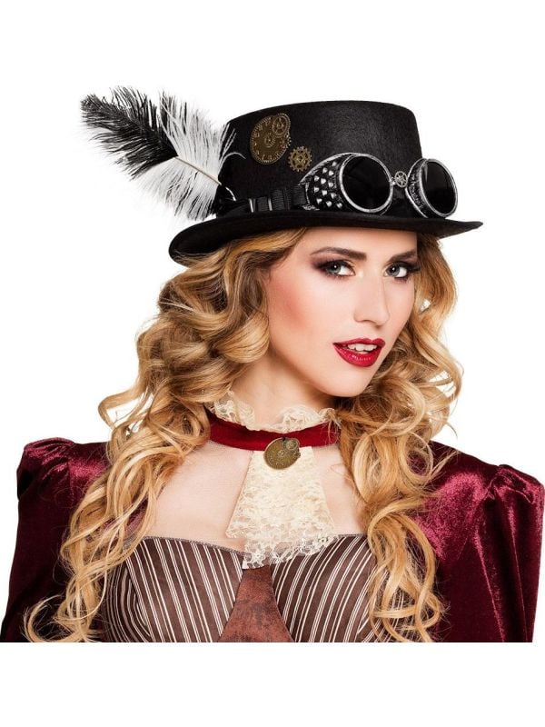 Zwarte steampunk hoge hoed met bril