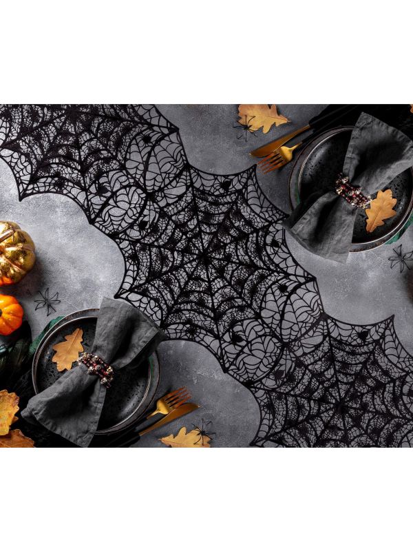 Zwarte tafelloper spinnenweb linnen 34 x 136 cm halloween main product photo