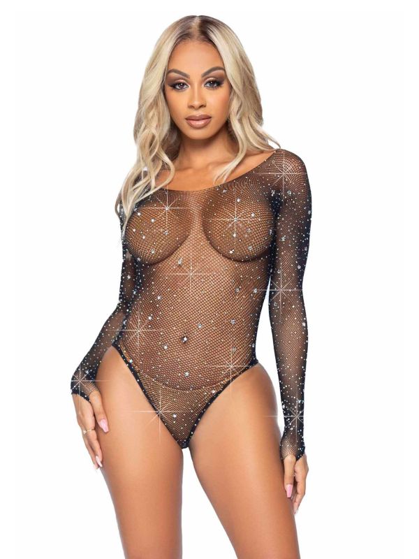 Zwarte visnetbodysuit met diamant dames main product photo