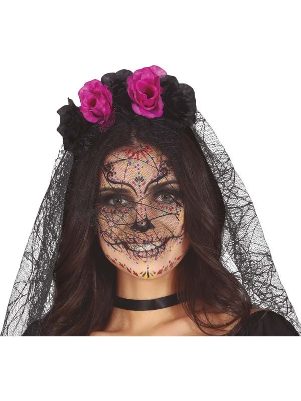 Zwart/paarse bloemen diadeem met sluier main product photo