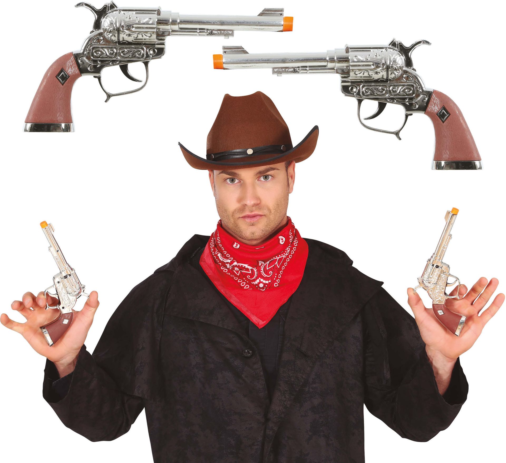 2 Cowboy Revolvers Zilver 25cm