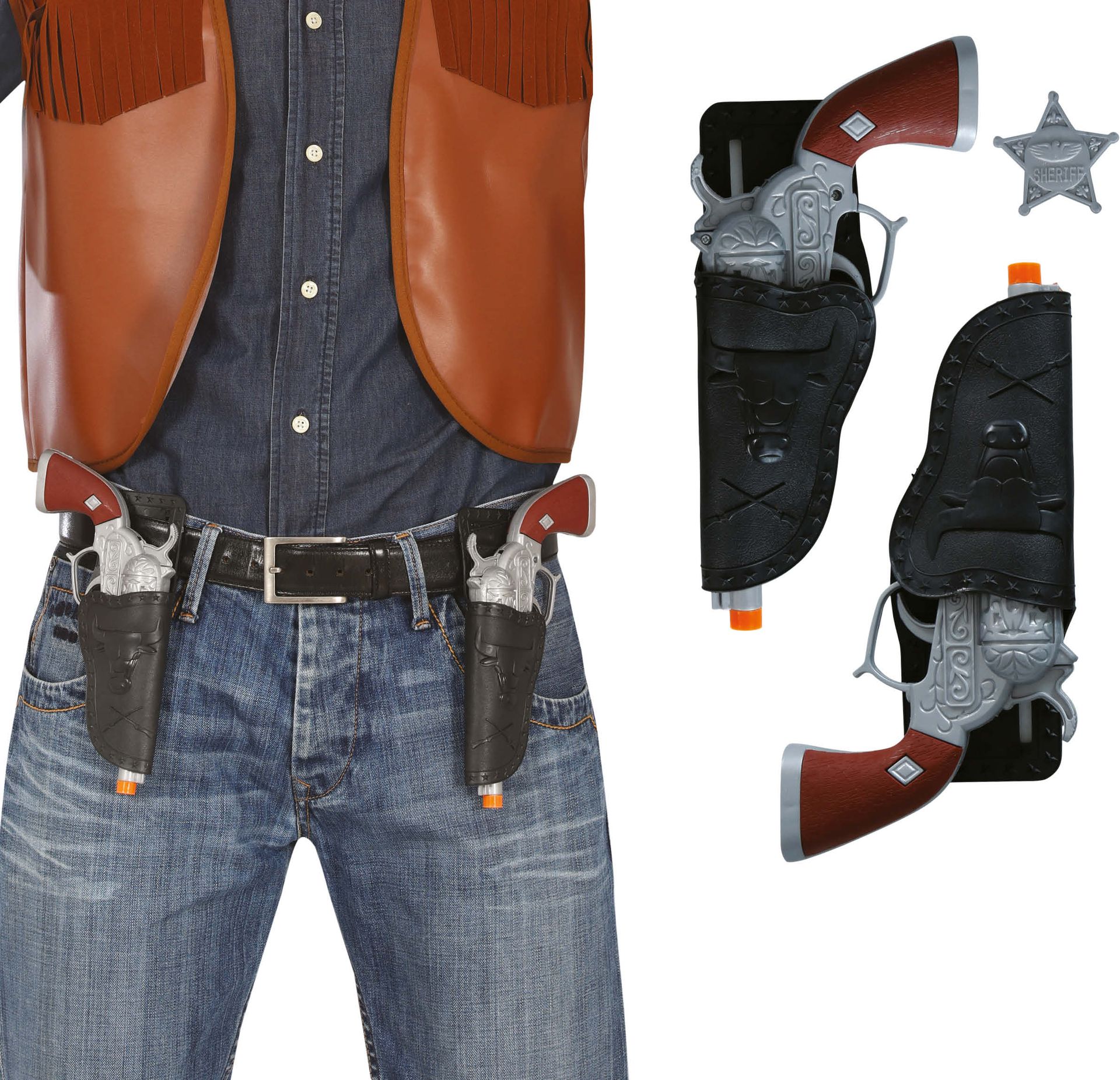 2 Zwarte Cowboy Holsters met Nep Revolver en Sheriff Ster