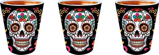 3 shotglaasjes Día de Muertos 5 x 6 cm