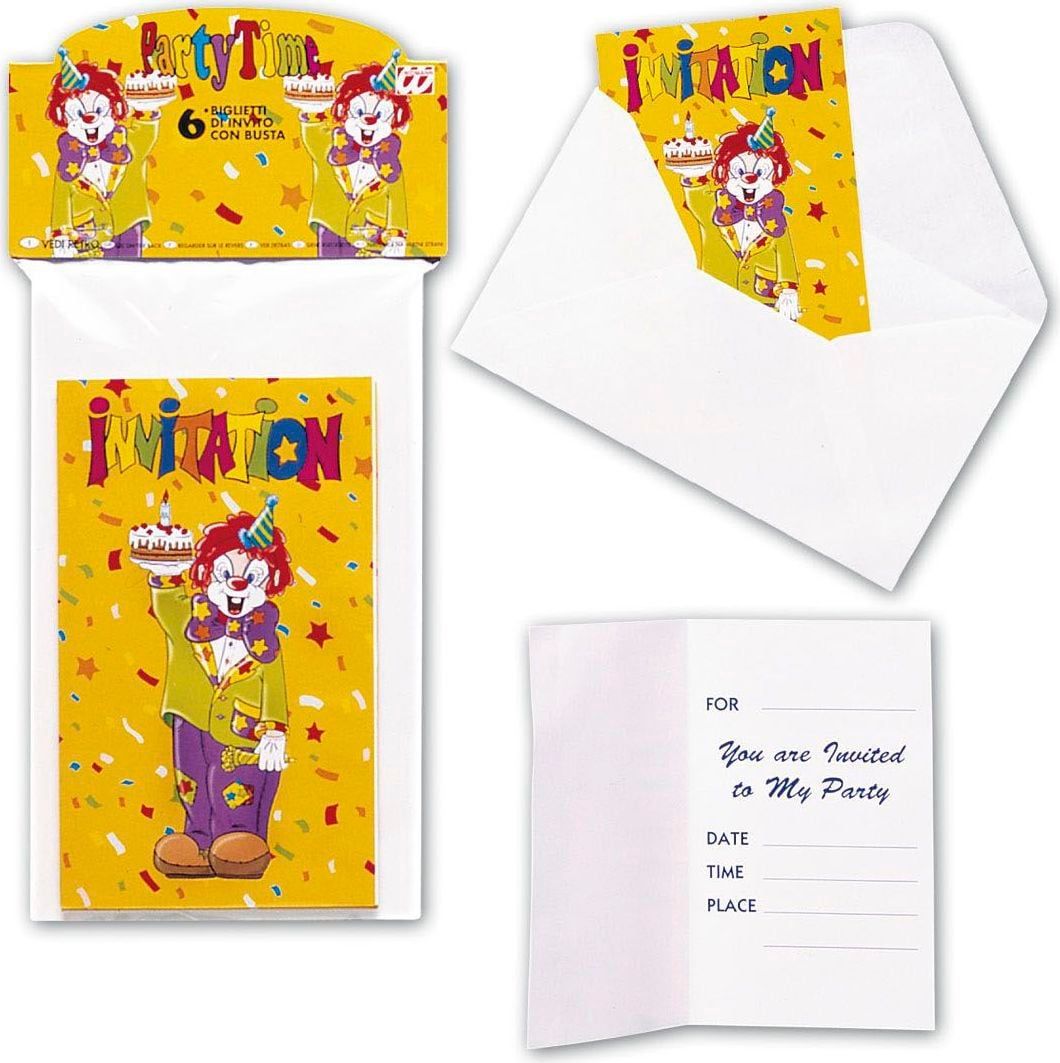 6 Clowns invitatiekaarten met envelop