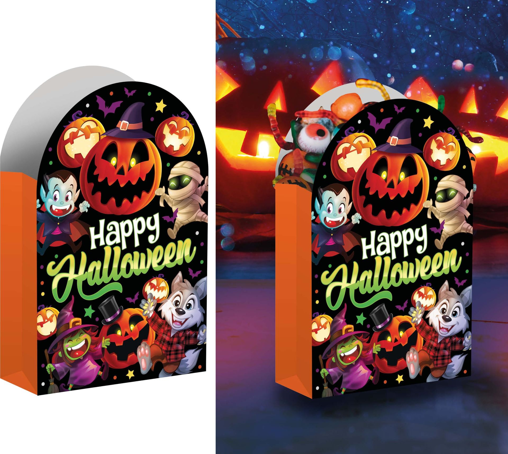 6 papieren snoepbakjes vrolijke halloween monsters 35 x 20 cm