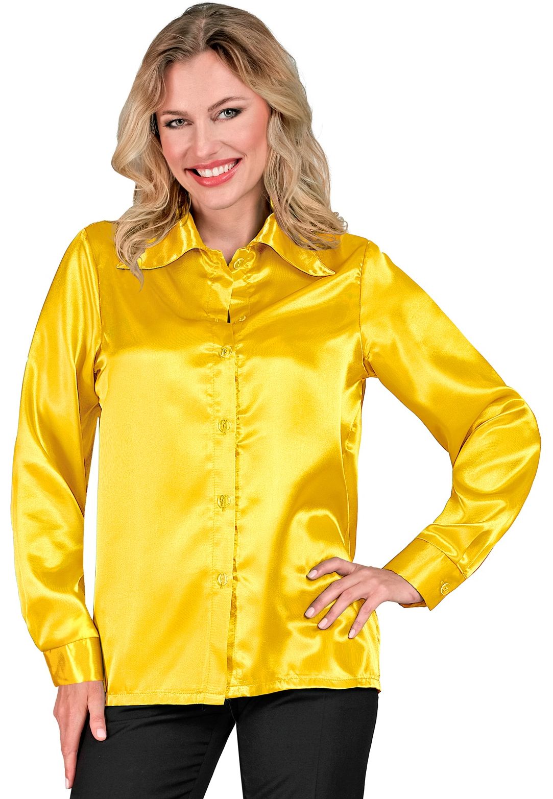 70s disco blouse satijn geel vrouwen