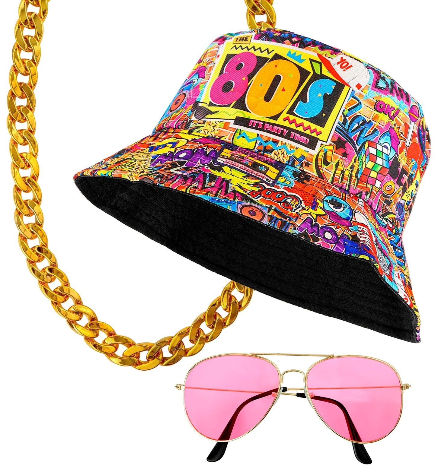 80s Verkleedset Bucket Hat Bril en Ketting