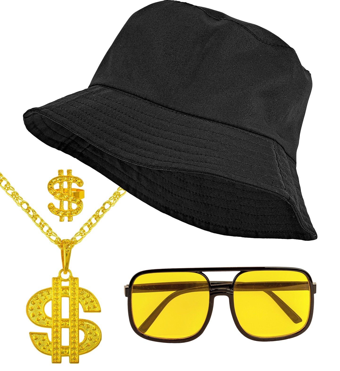 90s Hiphop Accessoire Set Zwarte Bucket Hat Zonnebril Ketting en Ring