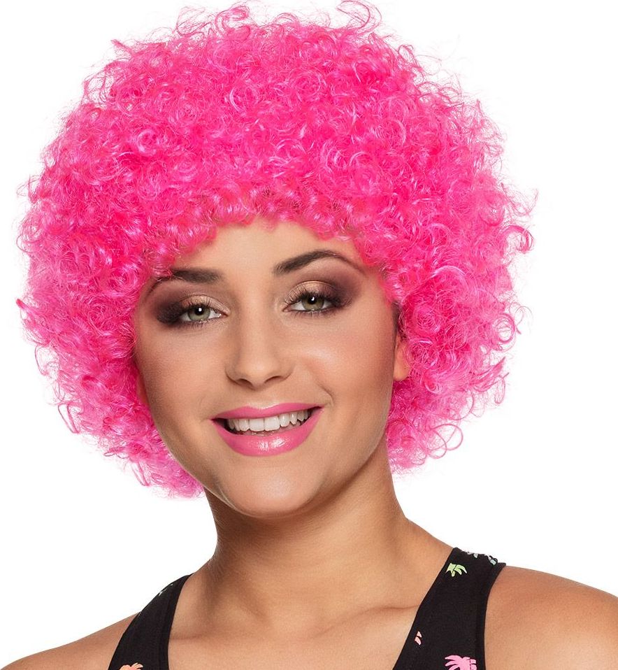 Afro pruik neon roze poppy