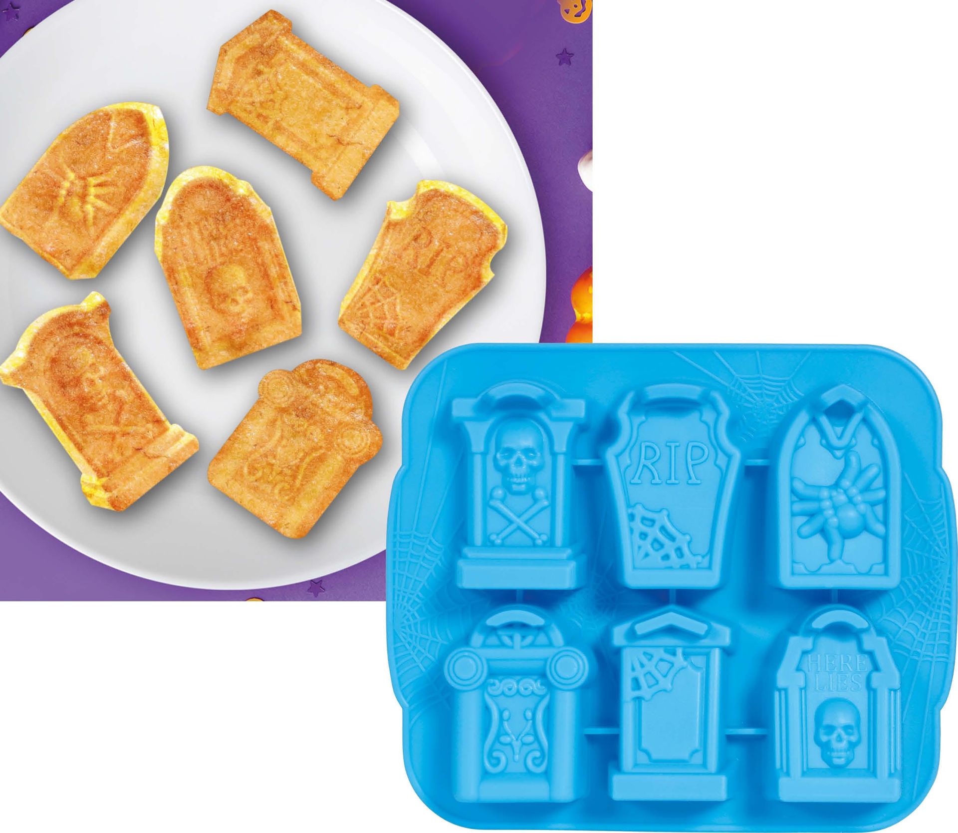 Bakvorm 6 koekjes grafstenen 21 x 18 cm halloween
