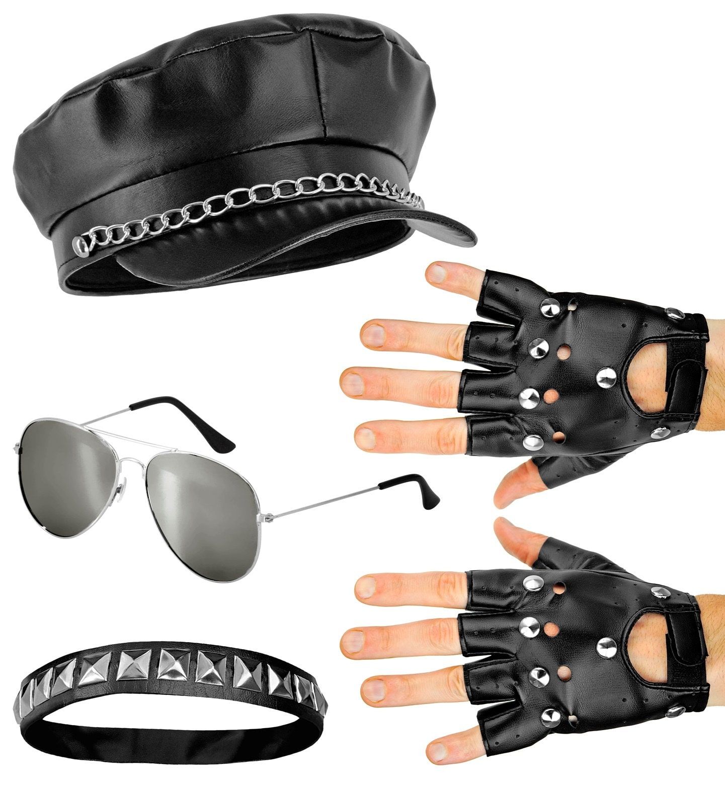 Biker Verkleedset Hoed Choker Handschoenen en Bril