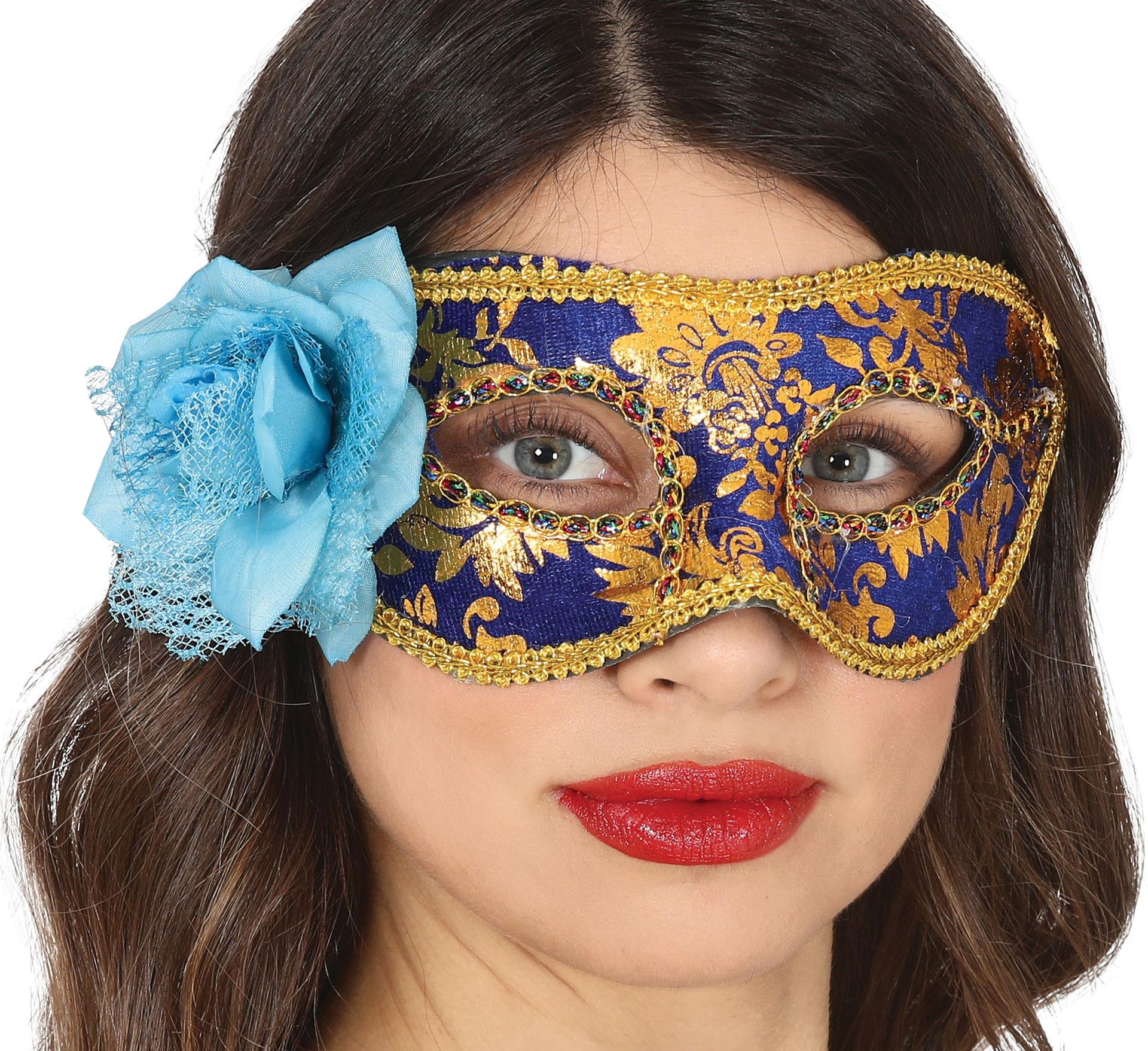 Blauw en Goud Venetiaans Oogmasker met Bloem