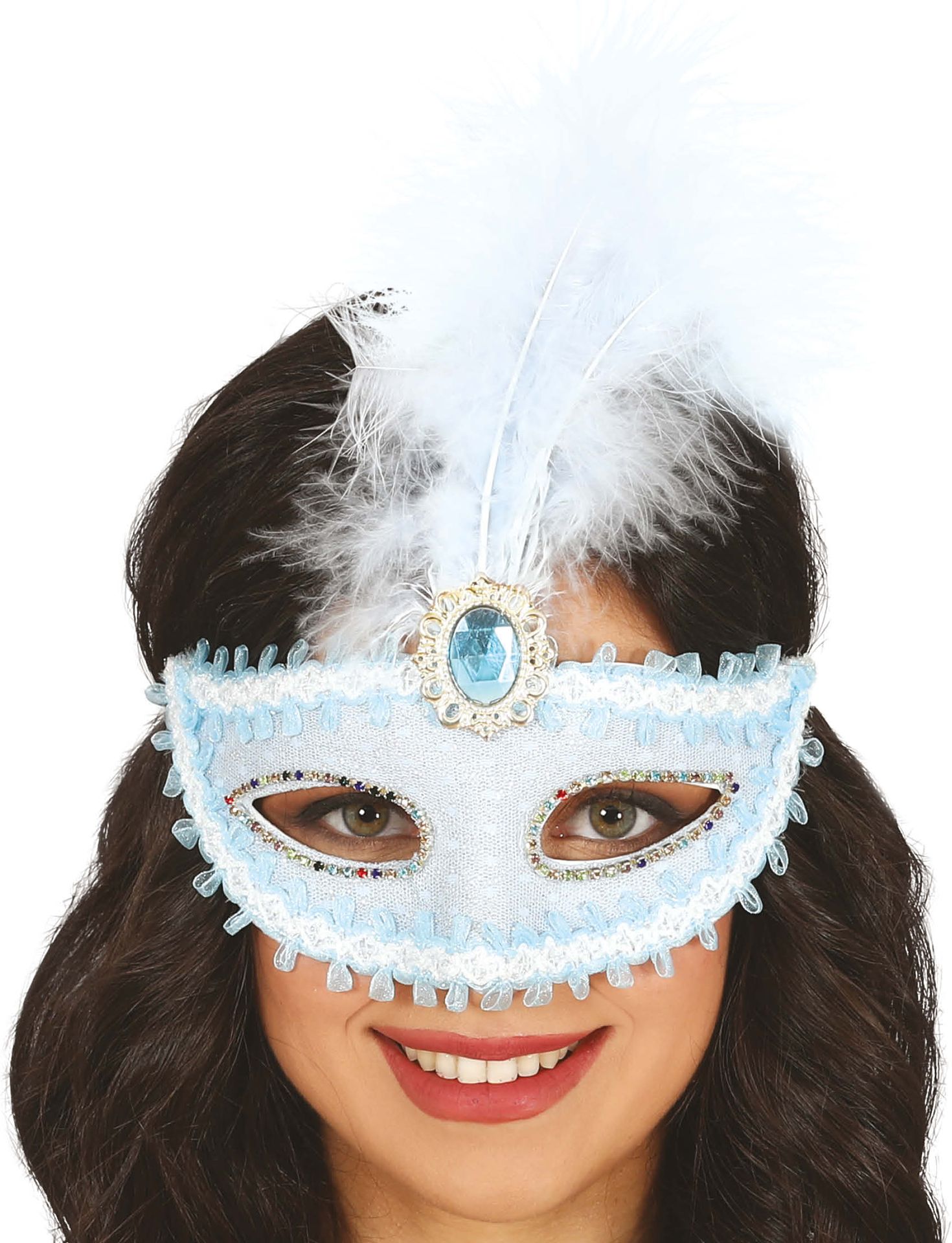 Blauw en Wit Venetiaans Masker met Veer