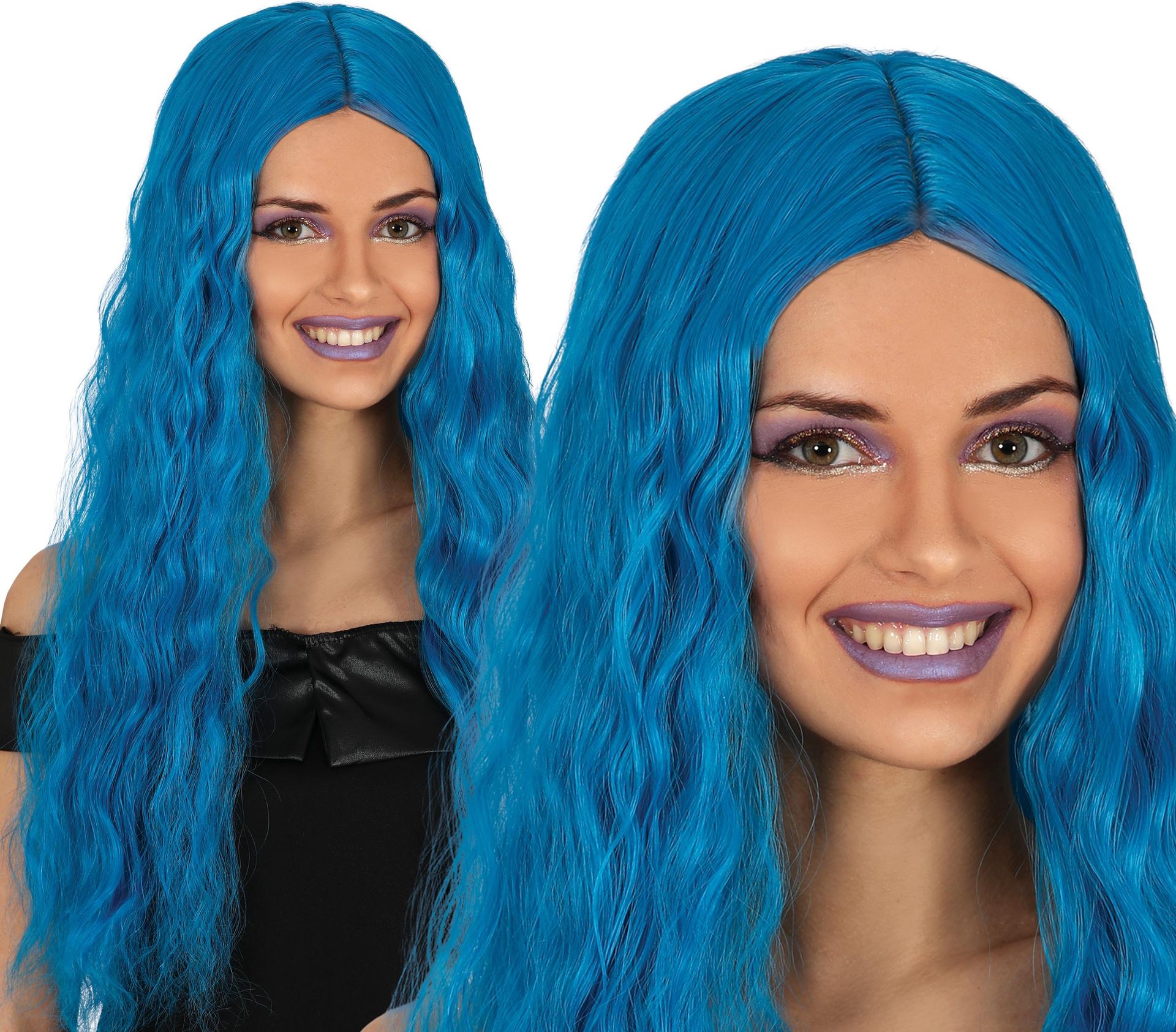Blauwe Pruik Lang Haar Golvend