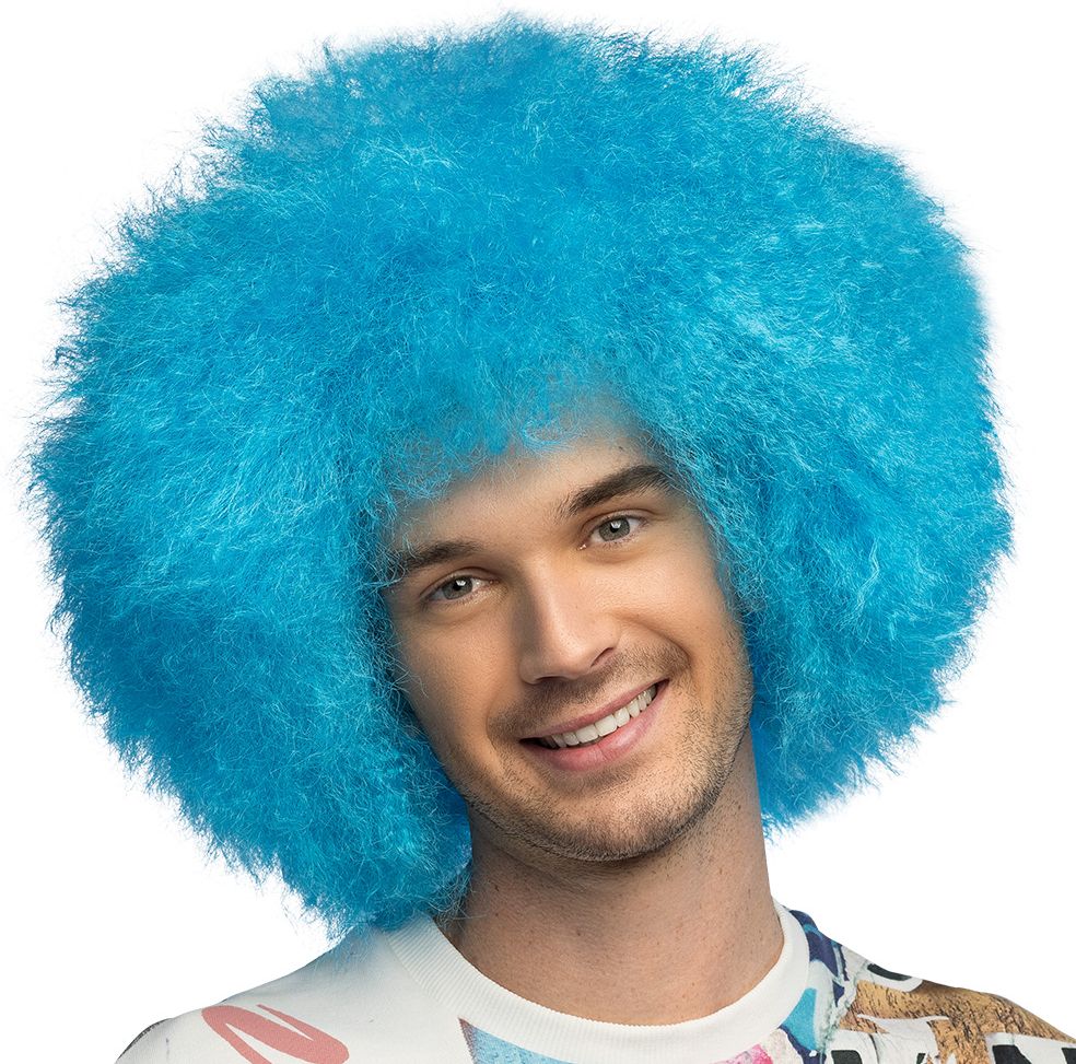 Blauwe UV Neon Pruik Afro Disco