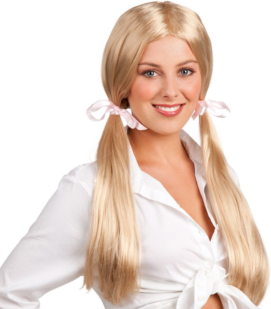 Blond schoolmeisje pruik met strikjes