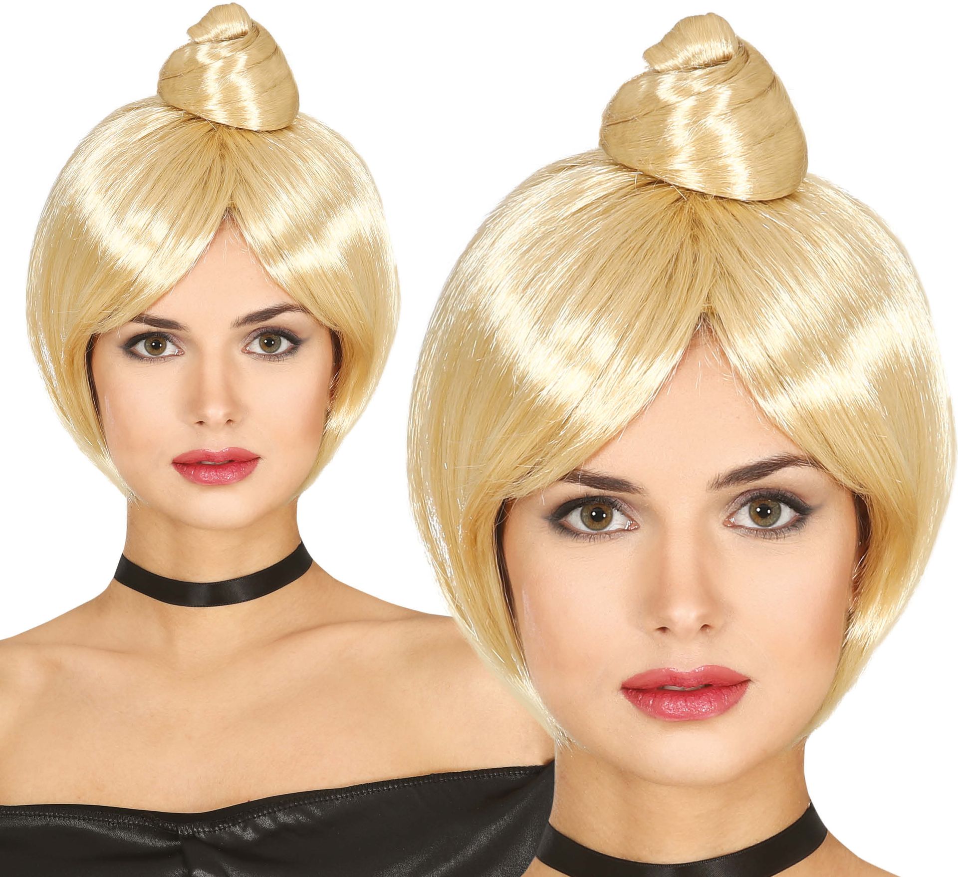 Blonde Korte Boblijn Pruik met Knotje