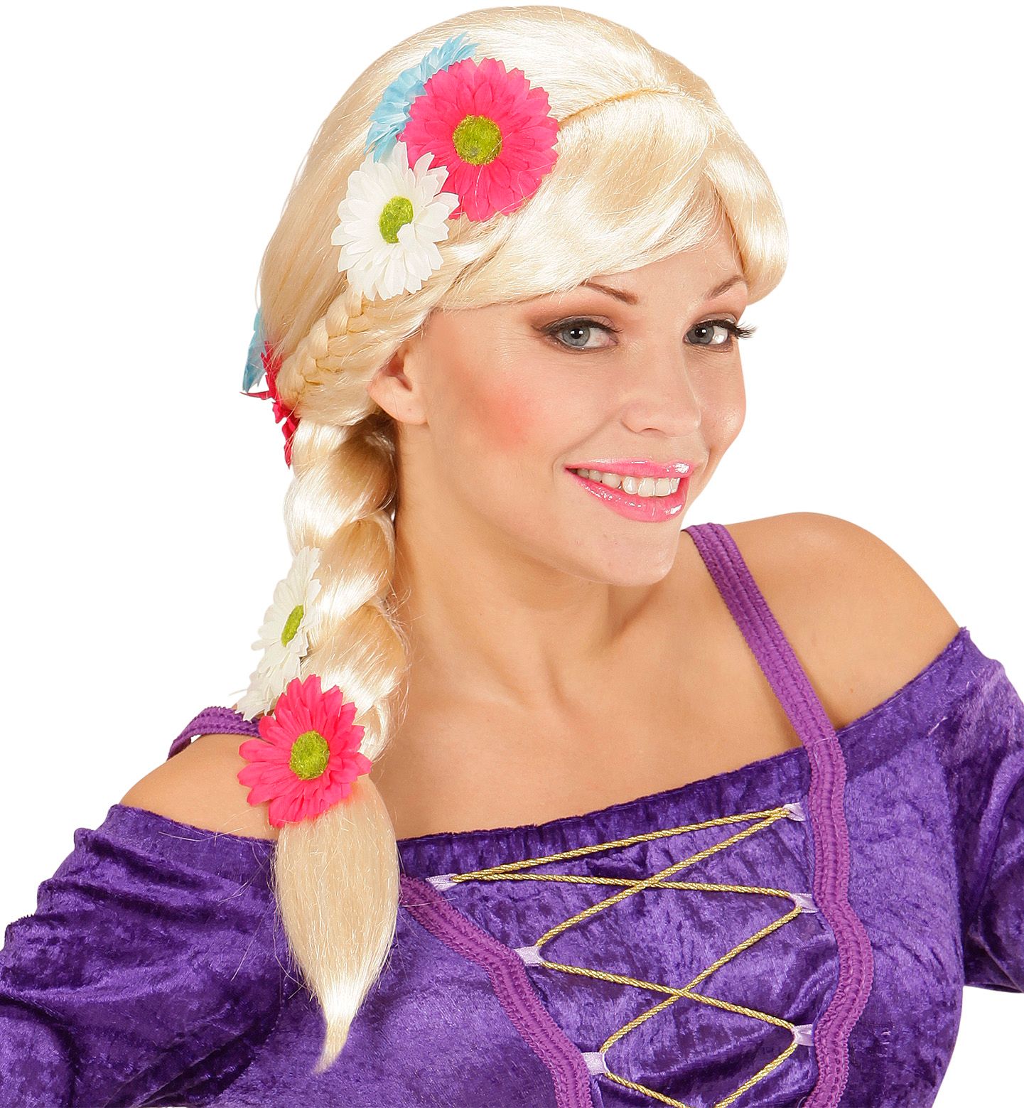 Blonde Rapunzel pruik met bloemen