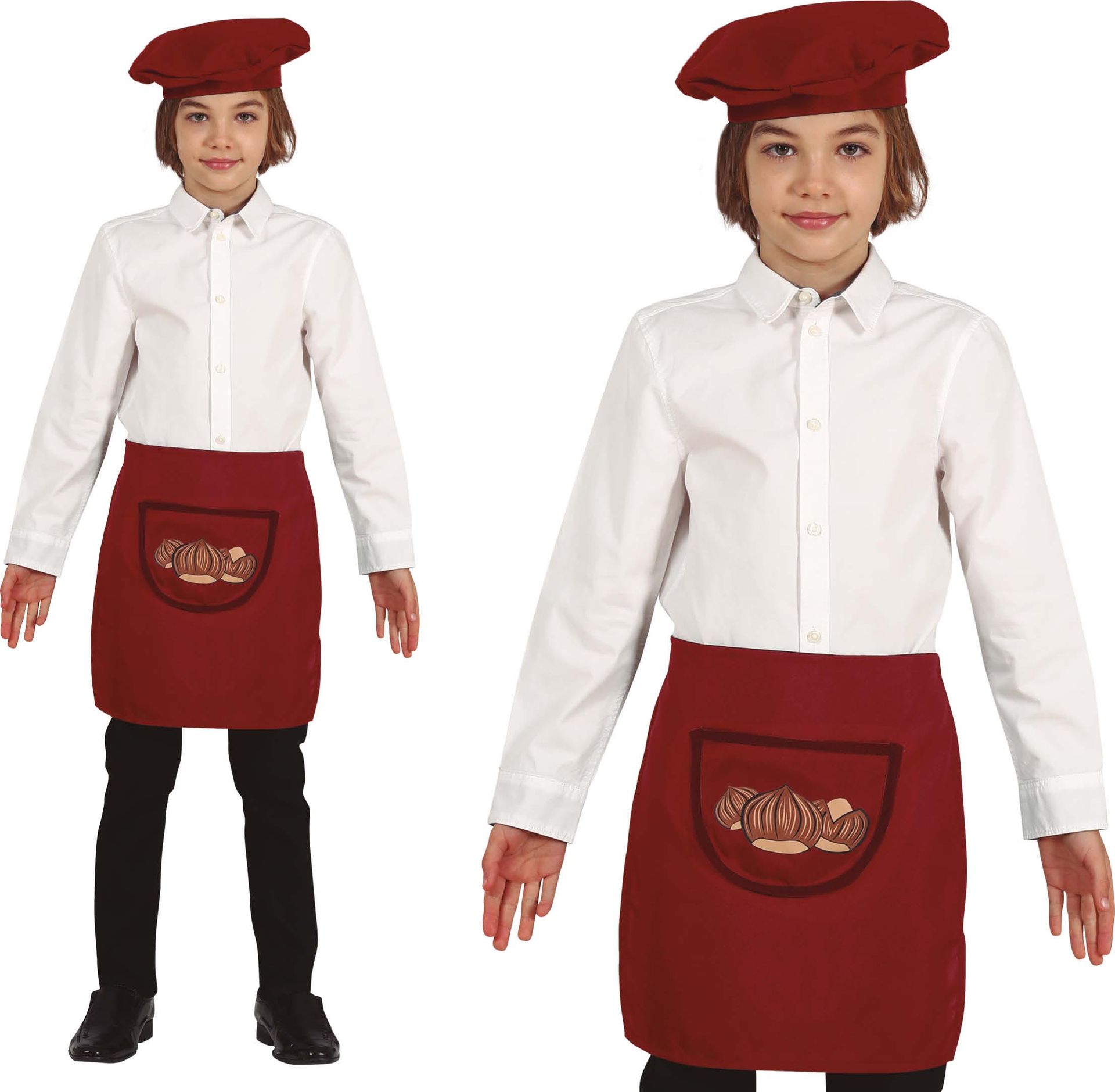 Bruine dickens kastanje verkoper schort en baret kind