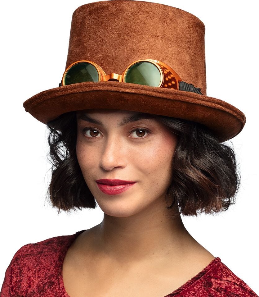 Bruine Hoge Hoed Steampunk met Bril