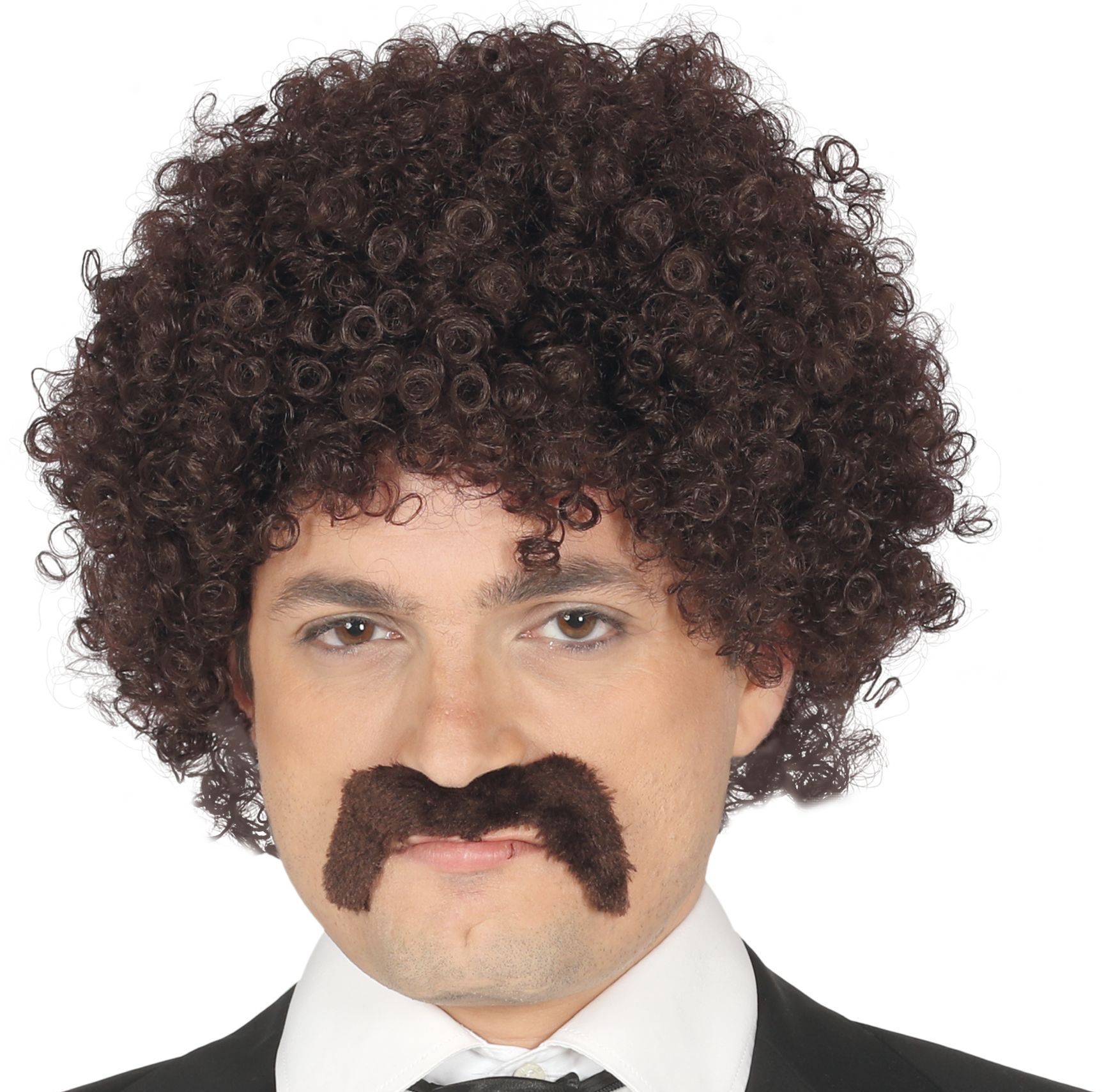 Bruine korte afro pruik met snor