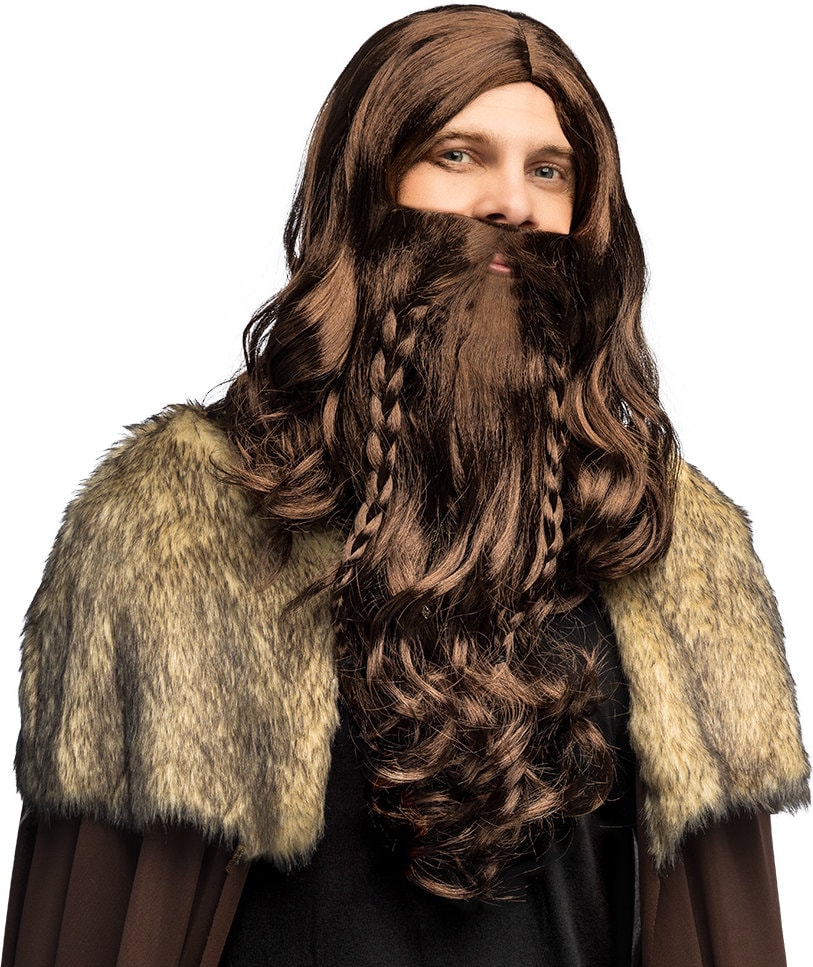 Bruine Middeleeuwse Viking Pruik en Baard Heren