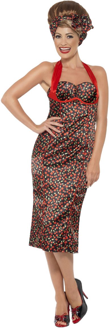 Cherry print 50s jurk