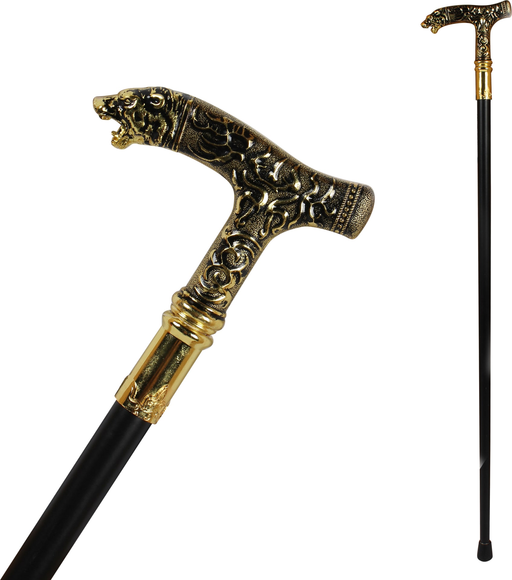 Chique Wandelstok Zwart Goud Tijger Knop Carnaval