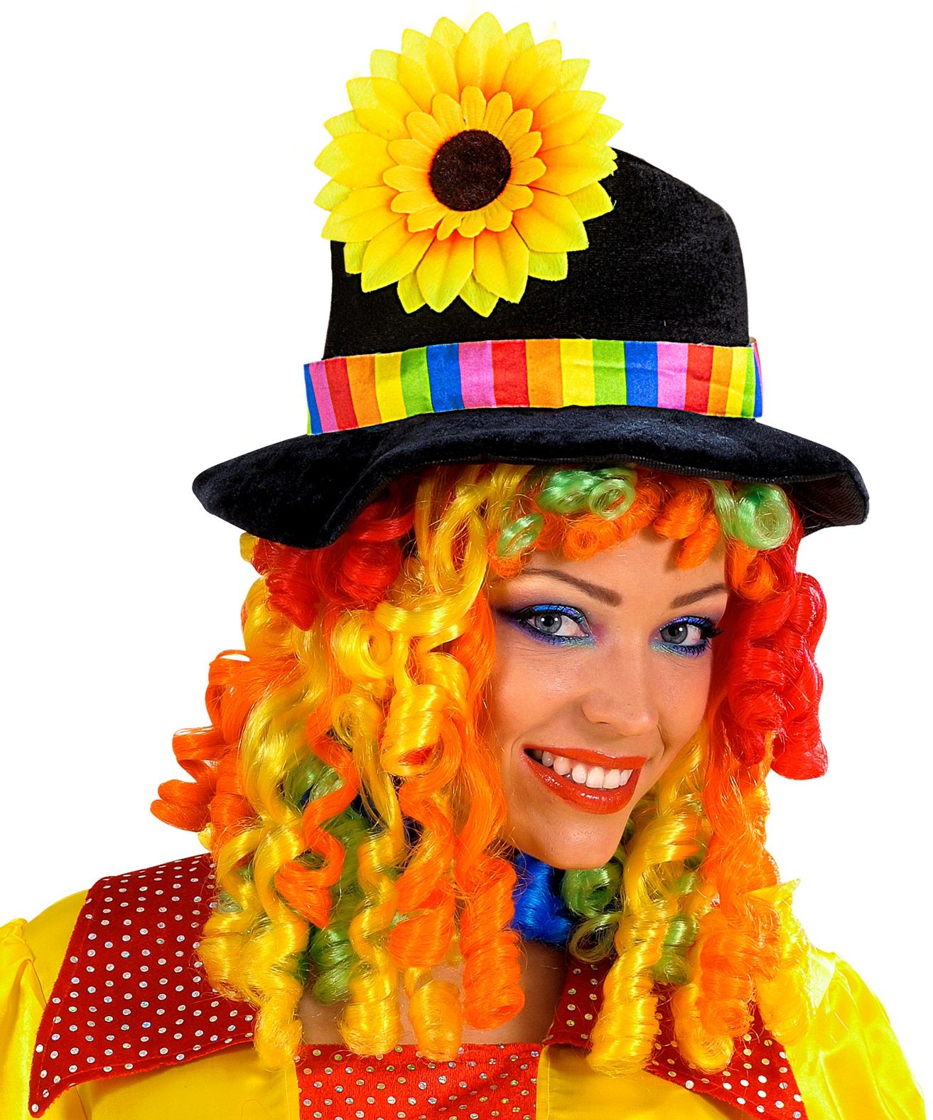Clownshoed met zonnebloem en pruik