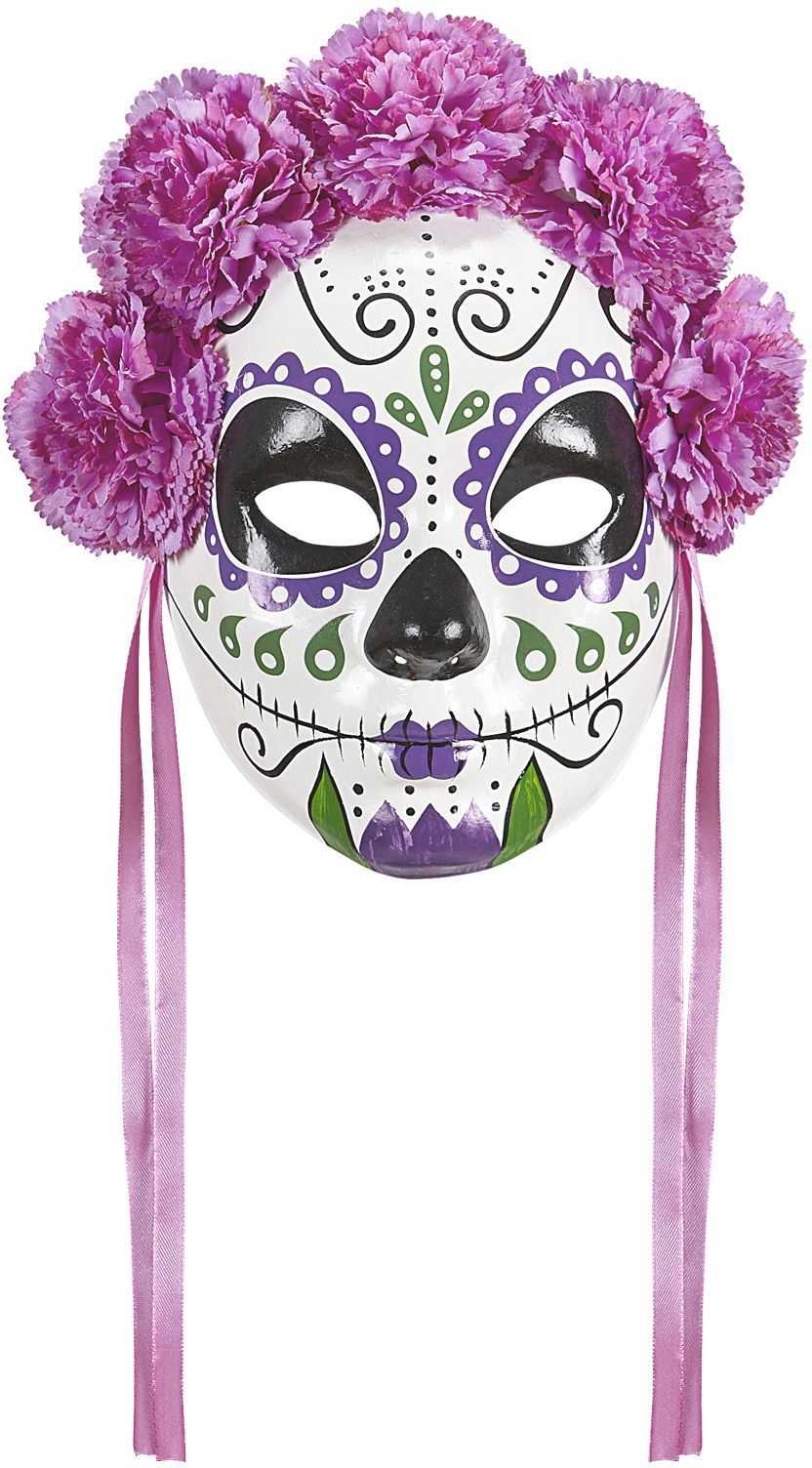 Day of the dead masker met paarse rozen