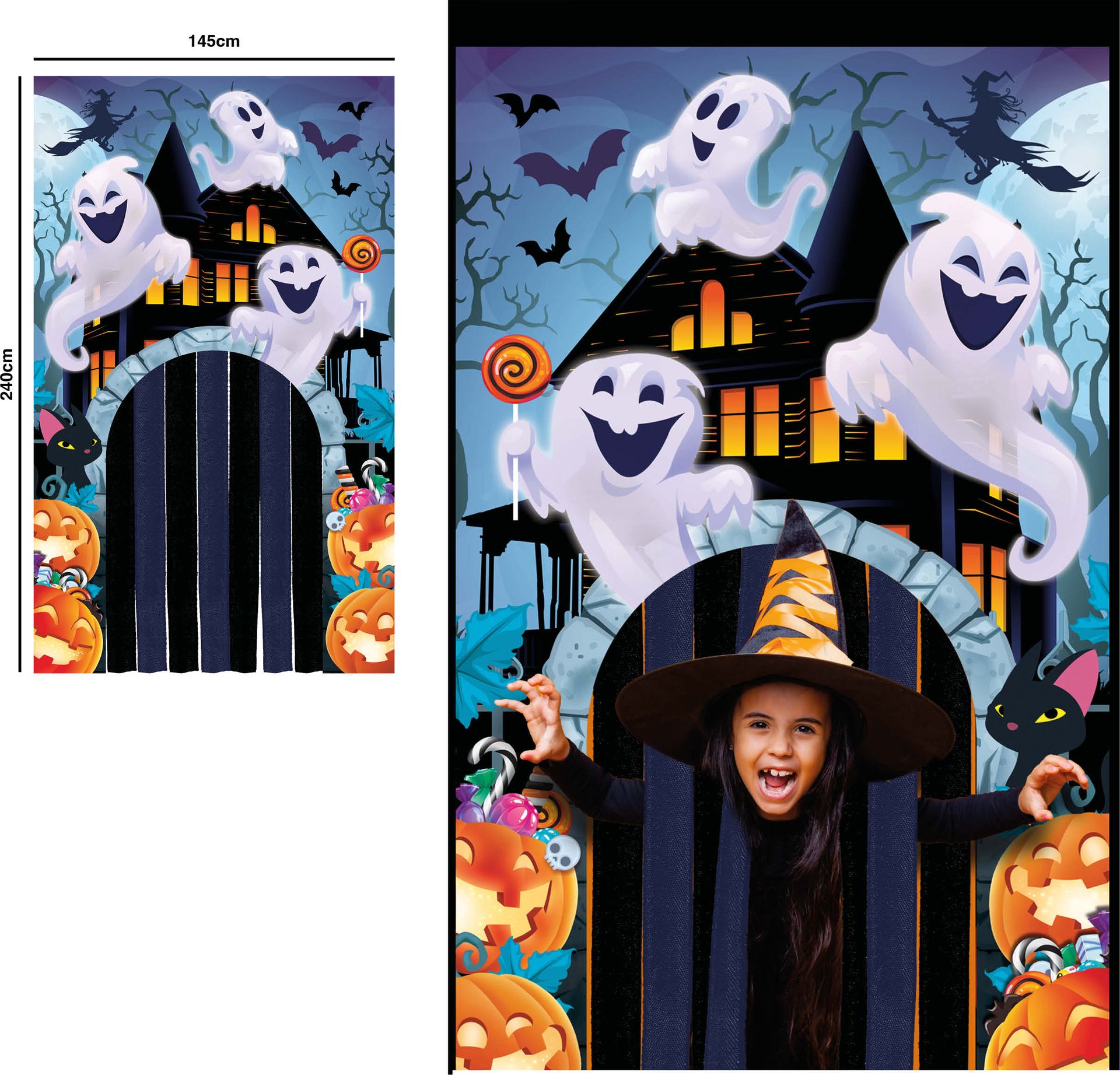 Deurdecorartie met gordijn vrolijke spoken 145 x 240 cm halloween