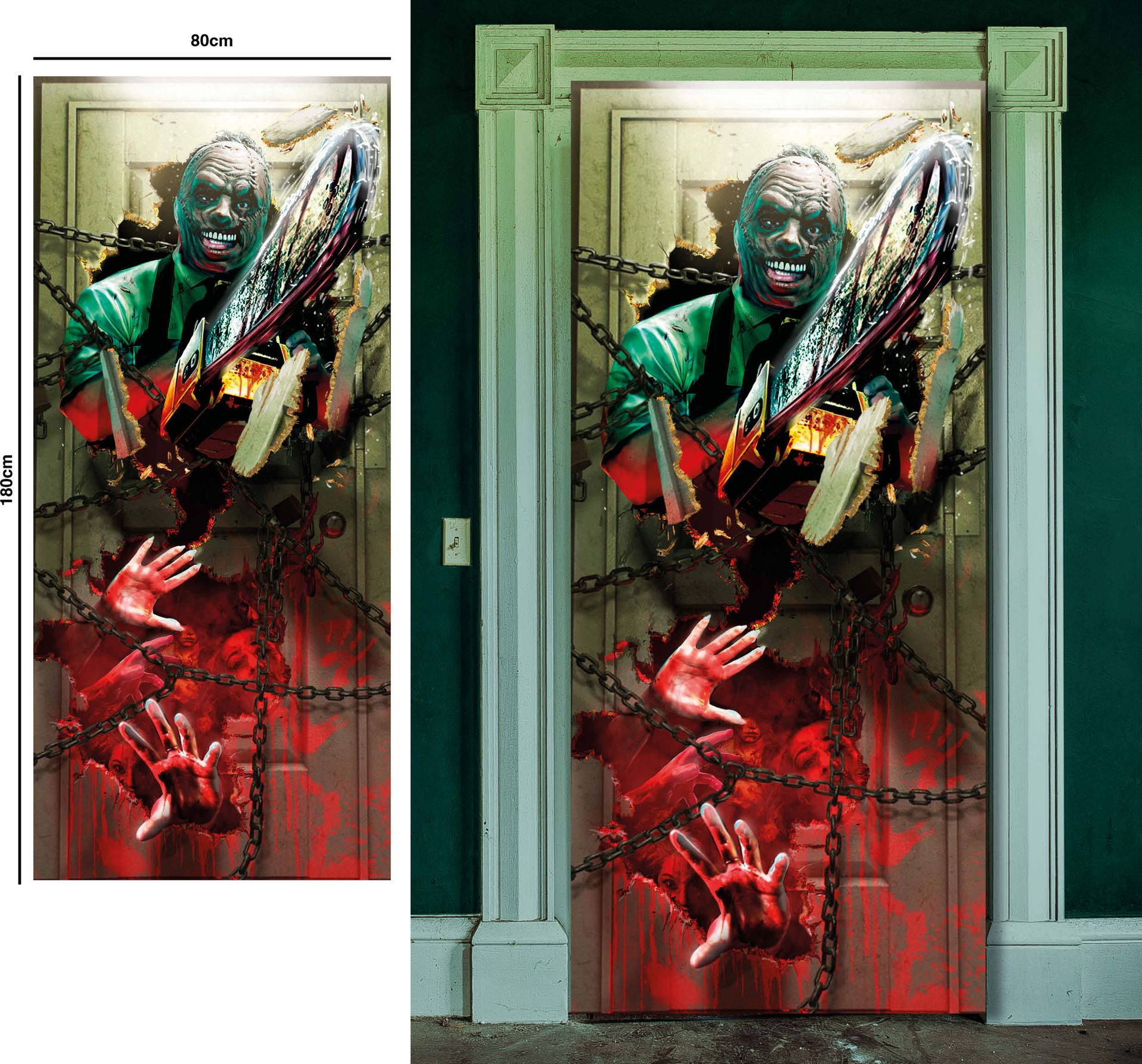Deurdecoratie kettingzaag maniak 80 x 180 cm halloweeen