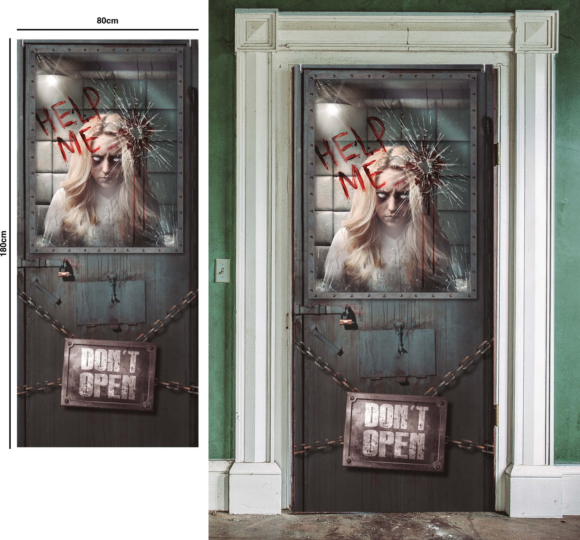 Deurdecoratie psycho vrouw 80 x 180 cm halloween
