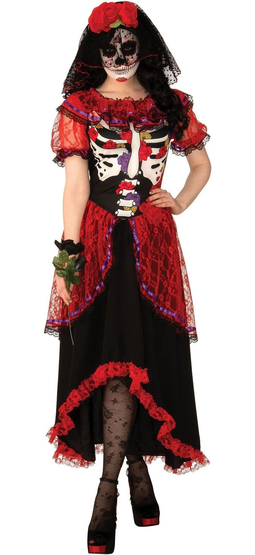 Día de Los Muertos Dames Kostuum Rood Zwart