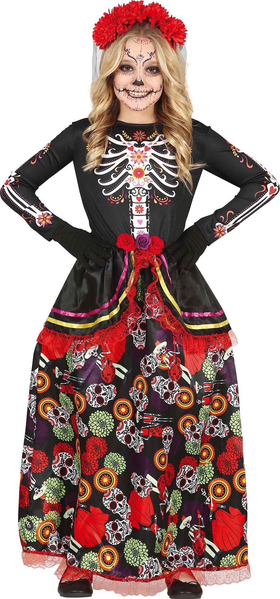 Dia de los muertos jurk skelet bloemen outfit meisjes