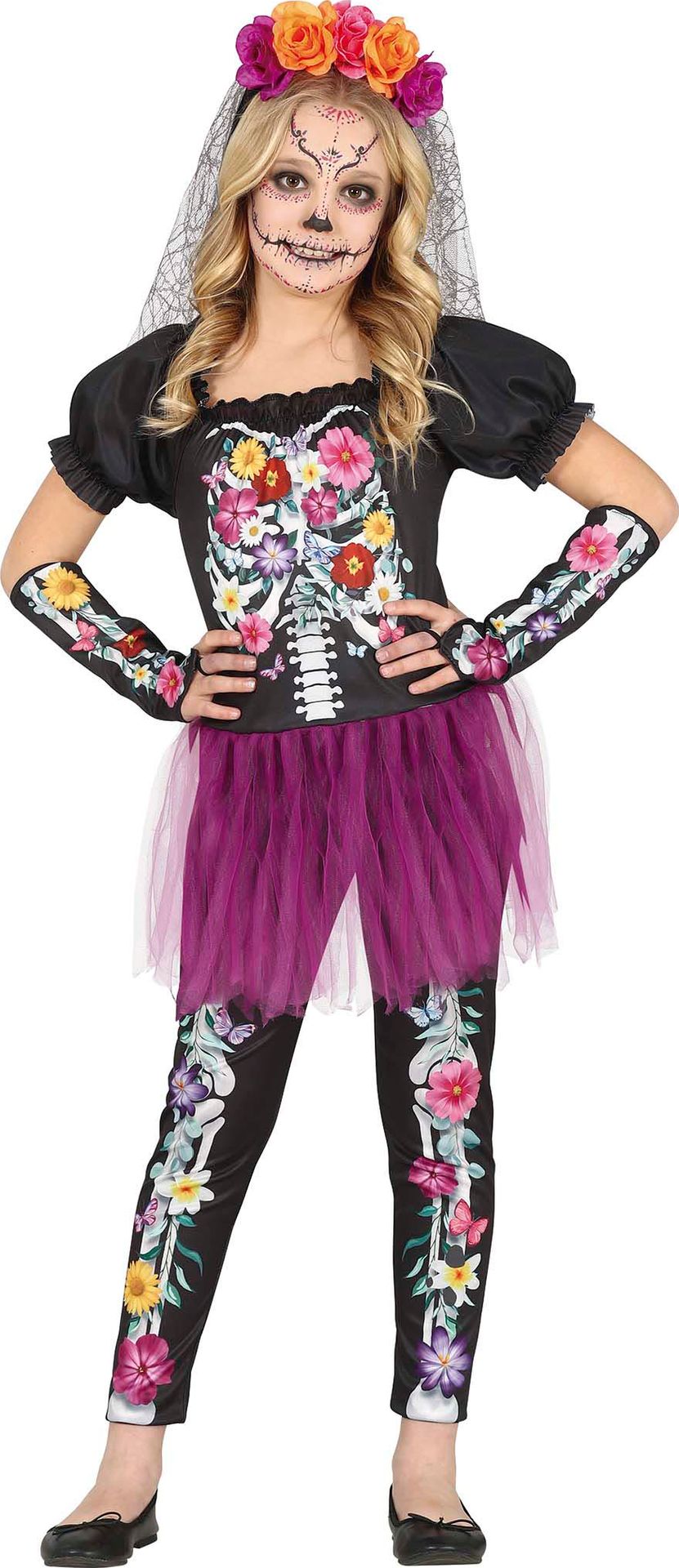 Dia de los muertos skelet bloemen outfit meisjes