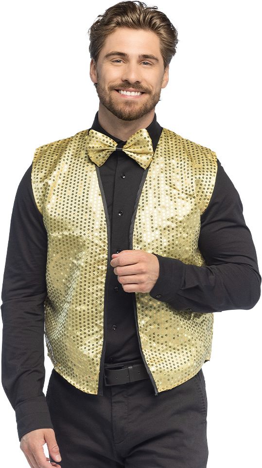 Disco Glitter Gilet In Goud Met Strik Voor Mannen