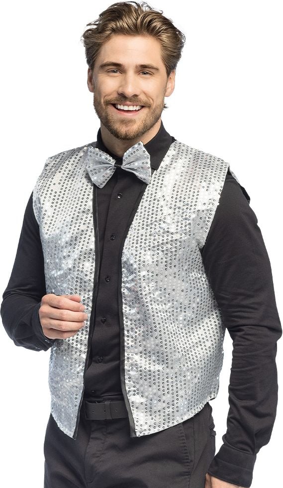 Disco Glitter Gilet In Zilver Met Strik Voor Mannen