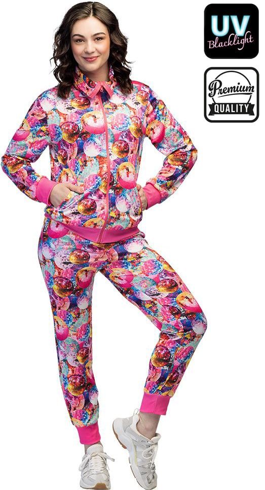 Disco Trainingspak Dames Roze 80’s Discoballen Met Blacklight Voor Carnaval