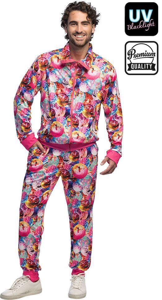 Disco Trainingspak Heren Roze 80’s Discoballen Met Blacklight Voor Carnaval