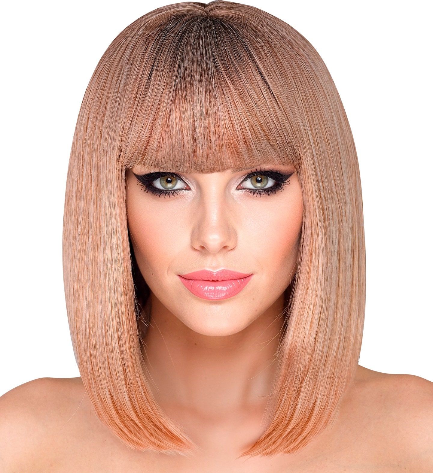 Feestpruik Lange Boblijn Pony Blond Lichtbruin Dames