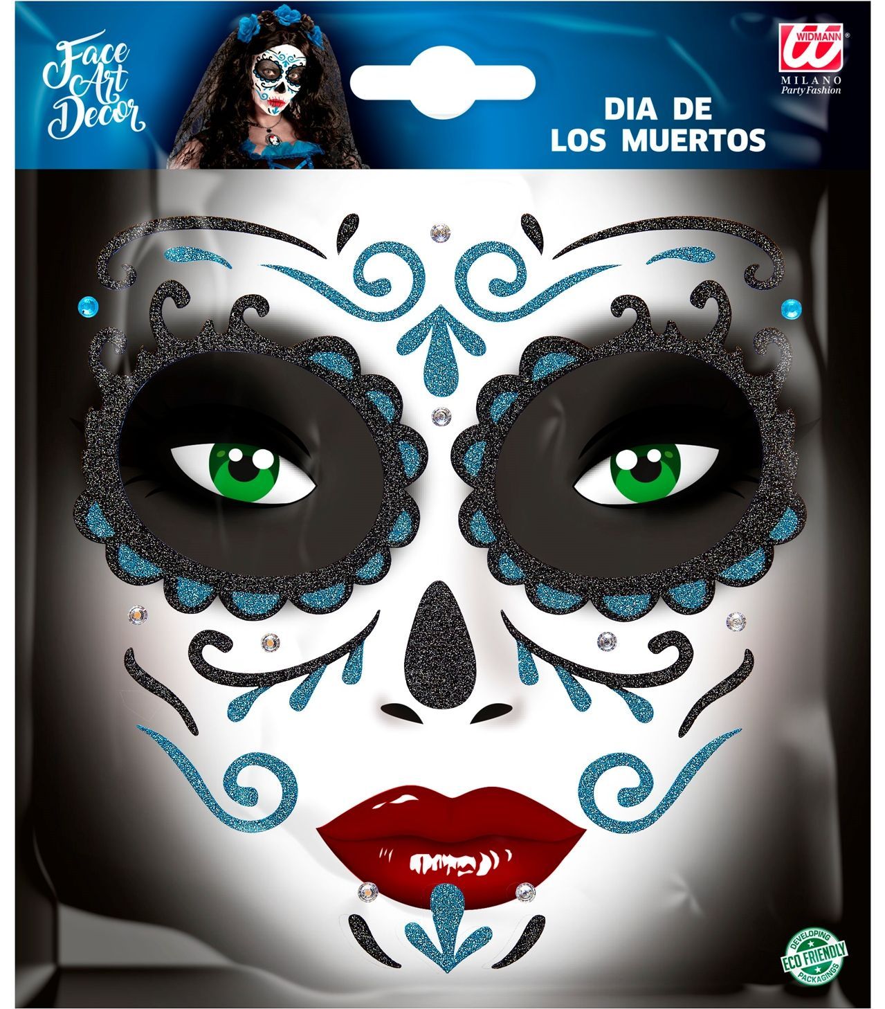 Glitter stickers gezicht blauwe dia de los muertos