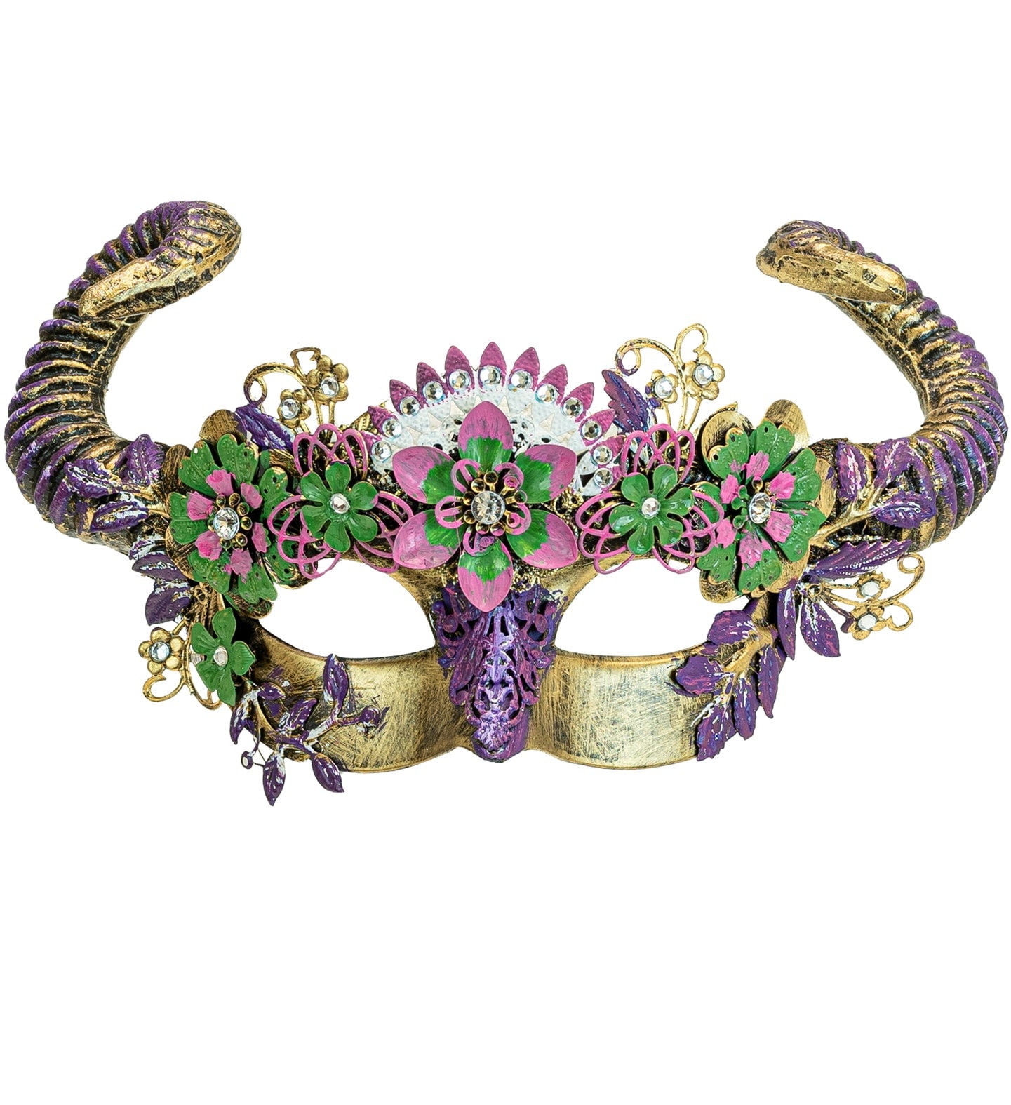 Goud Paars Duivel Oogmasker met Hoorns en Bloemen