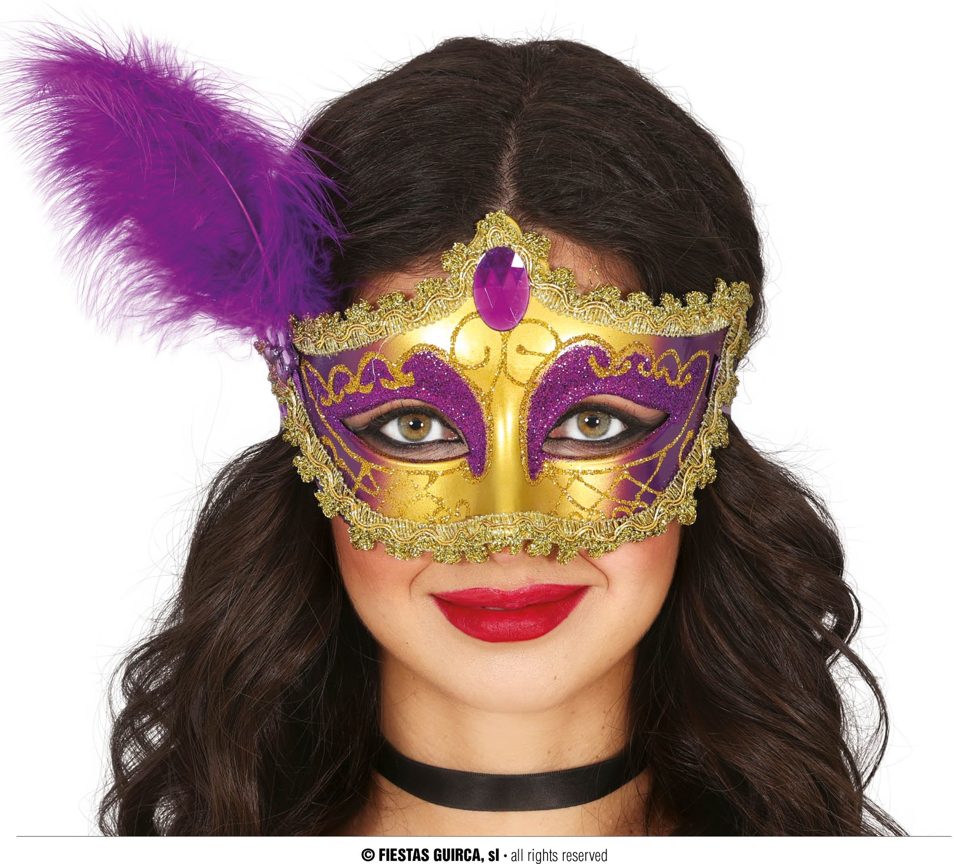 Goud Paars Masker met Veer Venetiaans Carnaval