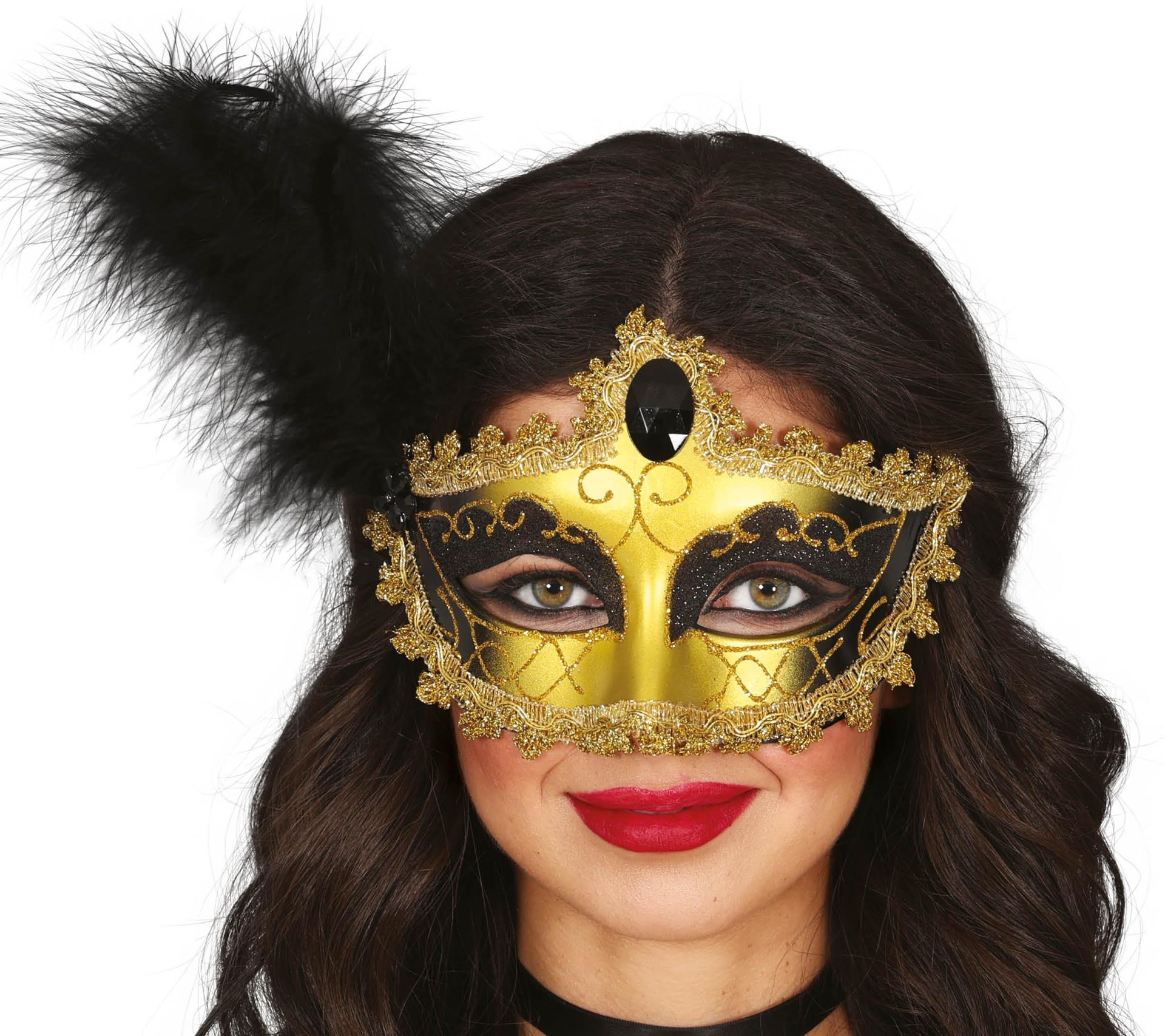 Goud Zwart Masker met Veer Venetiaans Carnaval
