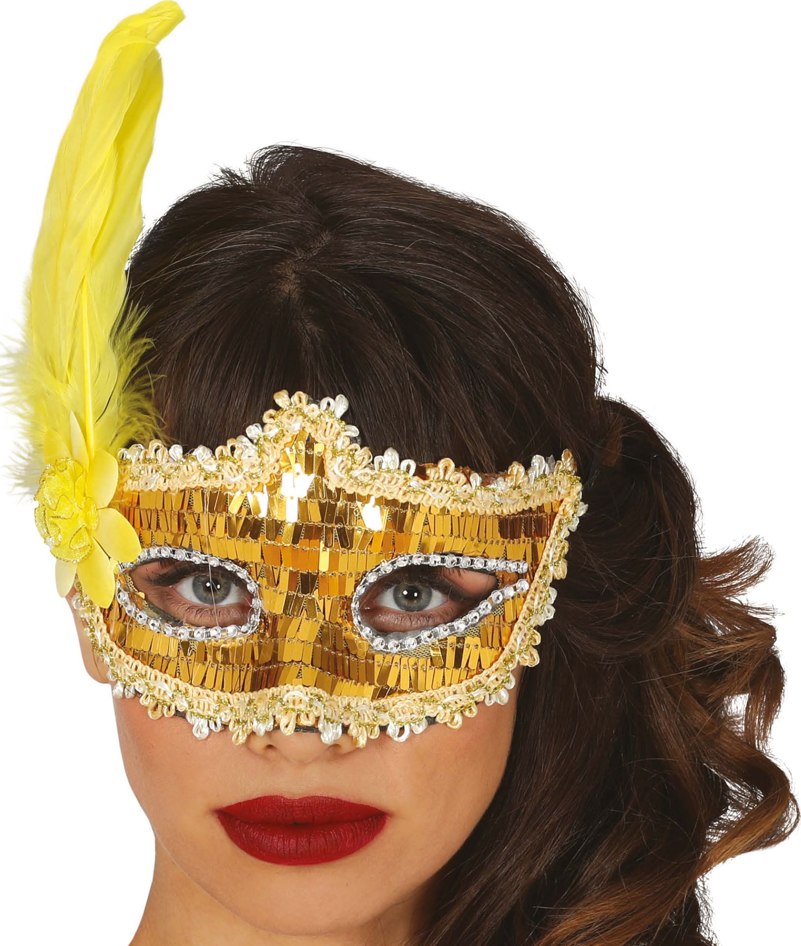 Gouden glimmend oogmasker met veer